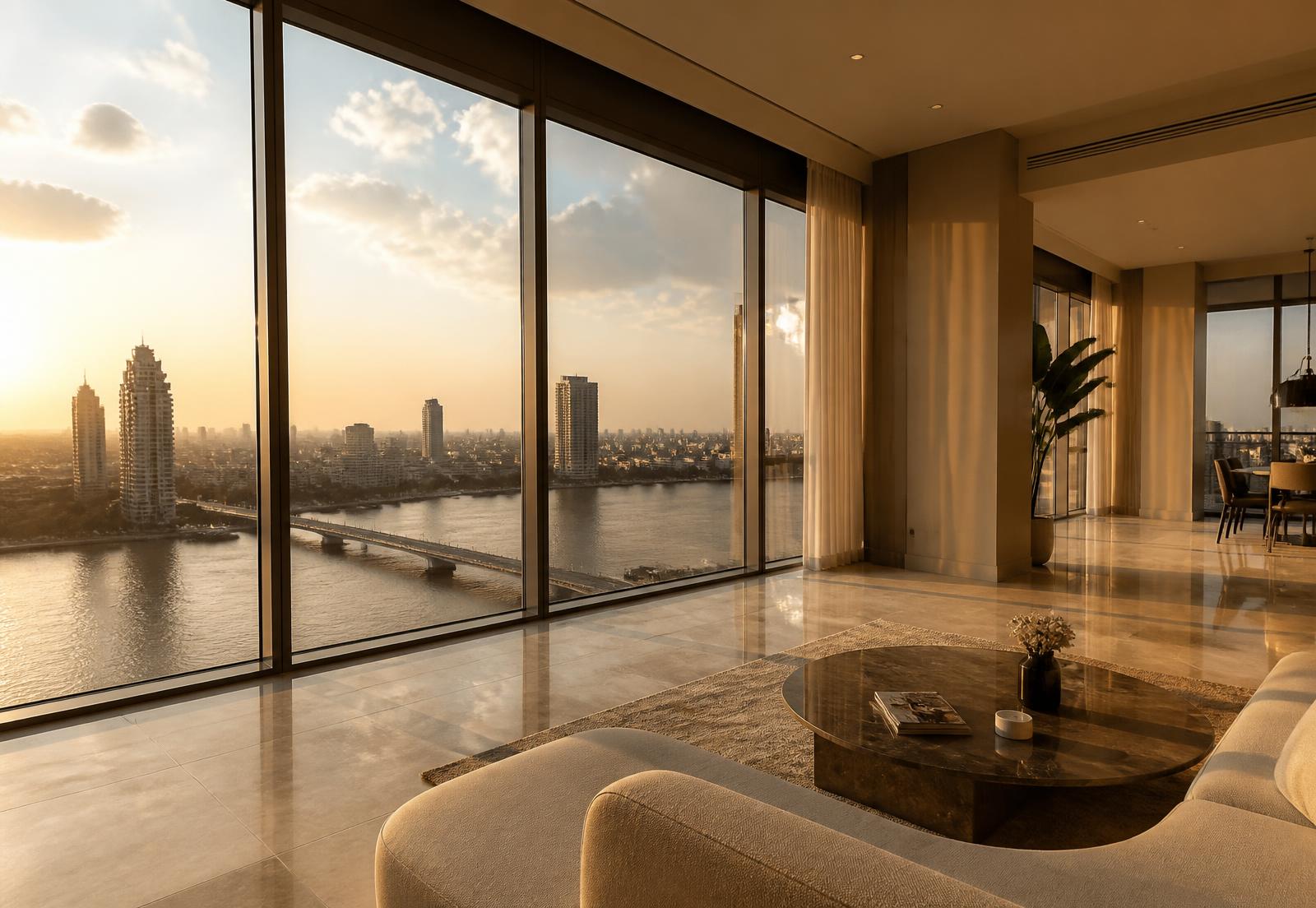 Modern Cairo apartment overlooking the Nile at sunset